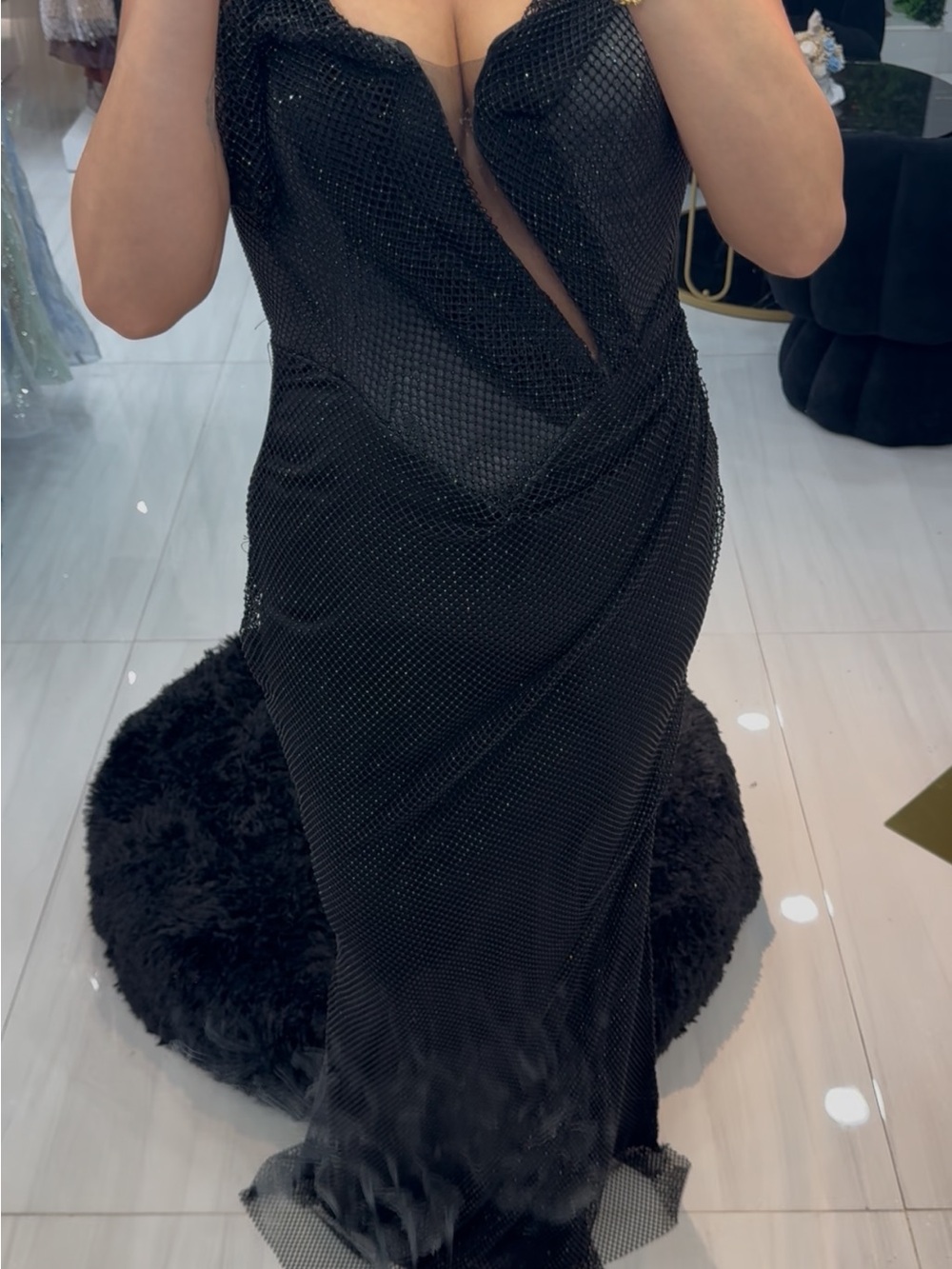 Elegant Black Mesh Evening Gown - Sleeveless Drape Design